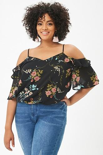 Forever21 Plus Size Sheer Floral Chiffon Open-shoulder Top