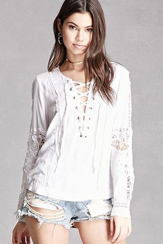 Forever21 Lace-up Crochet Blouse