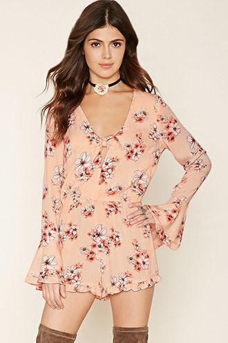 Forever21 Women's  Peach & Cream Floral Print Romper