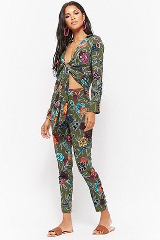 Forever21 Floral Print Tie-front Shirt & Pants Set