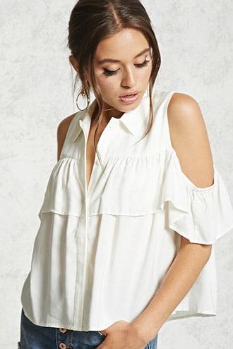 Forever21 Open-shoulder Flounce Shirt
