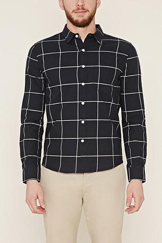 21 Men Men's  Navy & Cream Grid-patterned Pocket Shirt