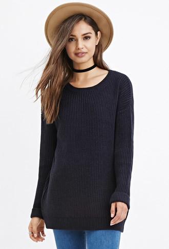 Forever21 Women's  Longline Chunky Knit Sweater (navy)