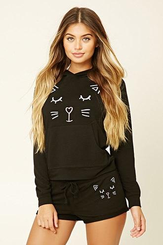 Forever21 Women's  Black & White Cat Print Pj Shorts