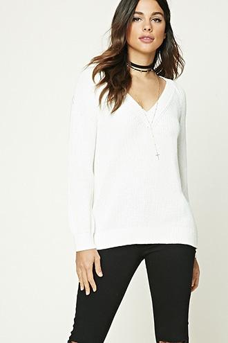 Forever21 Women's  Cream Ribbed V-neck Tunic