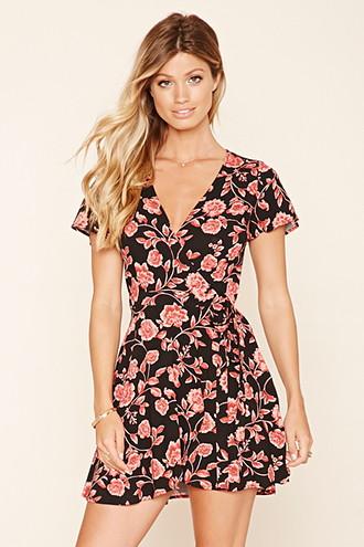 Forever21 Women's Black & Rose Floral Print Wrap Dress