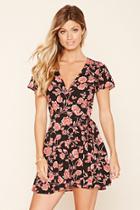Forever21 Women's  Black & Rose Floral Print Wrap Dress