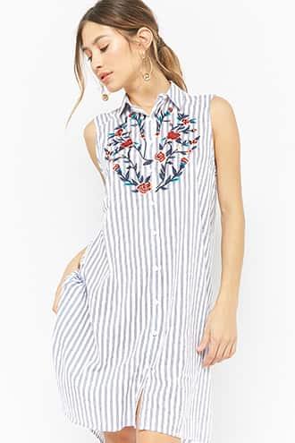 Forever21 Embroidered Striped Shirt Dress