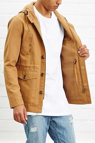 21 Men Men's  Khaki Hooded Utility Jacket