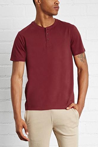 21 Men Men's  Burgundy Cotton Henley Tee