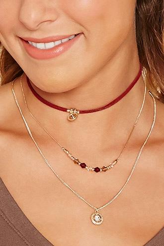 Forever21 Burgundy & Gold Faux Gem Layered Necklace