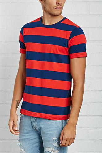 21 Men Men's  Red & Navy Striped Crew Neck Tee