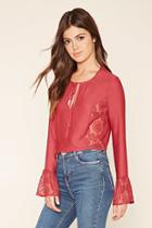 Forever21 Women's  Burgundy Embroidered Sheer Top