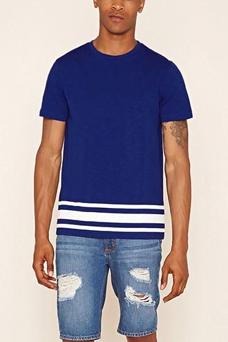 21 Men Men's  Royal & White Striped-hem Cotton Tee