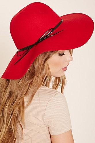 Forever21 Women's Red & Black Faux Leather-trimmed Floppy Hat