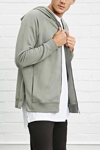 21 Men Men's  Olive Side-slit Zippered Hoodie