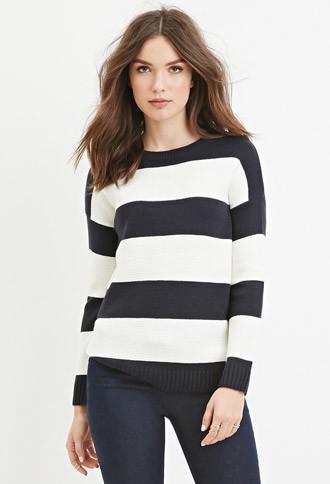 Forever21 Women's  Navy & Cream Rugby Striped Sweater