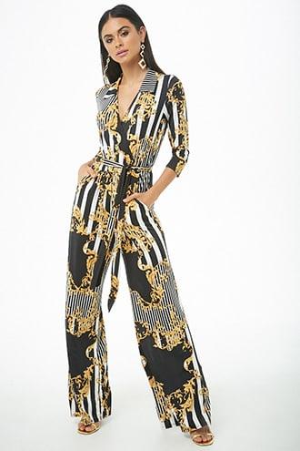 Forever21 Striped Baroque Surplice Jumpsuit