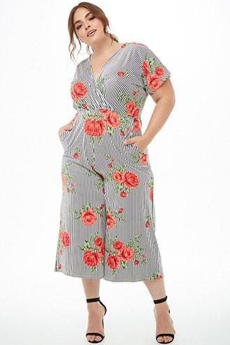 Forever21 Plus Size Striped Floral Print Jumpsuit