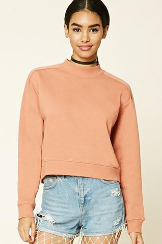 Forever21 Women's  Salmon Mock Neck Fleece Sweatshirt