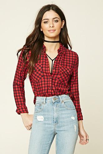 Forever21 Women's  Red & Black Gingham Plaid Cotton Shirt