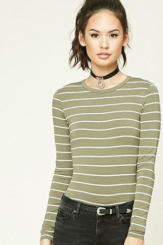 Forever21 Women's  Olive & Cream Striped Knit Bodysuit