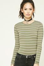 Forever21 Women's  Olive & Cream Striped Knit Bodysuit