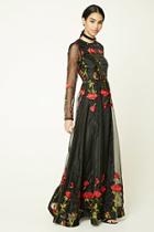 Forever21 Women's  Black & Red Floral Embroidered Maxi Dress