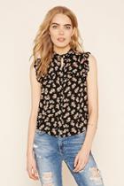 Love21 Women's  Black & Pink Contemporary Floral Print Top