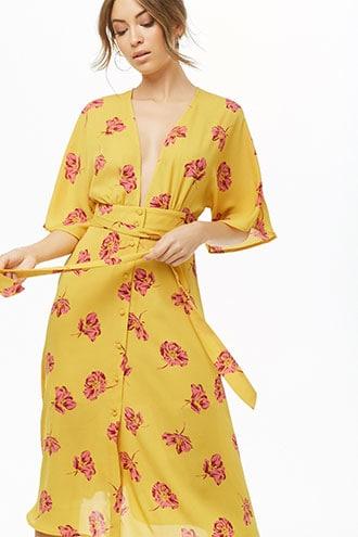 Forever21 Belted Plunging Floral Dress