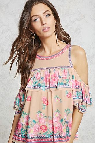 Forever21 Floral Mesh Open-shoulder Top