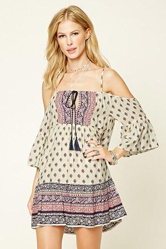 Forever21 Women's  Ornate Print Open-shoulder Dress