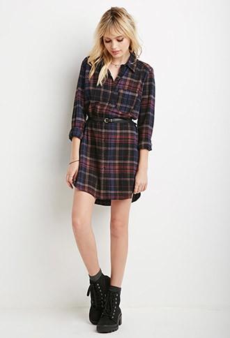 Forever21 Women's  Belted Plaid Shirt Dress (black/blue)