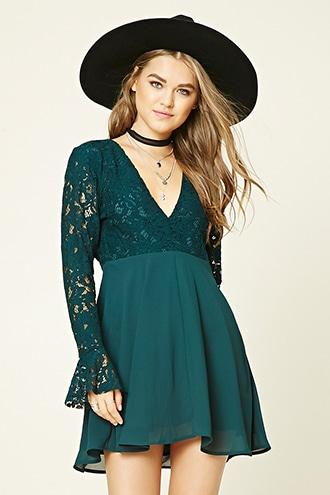 Forever21 Women's  Teal Crochet Lace Combo Dress