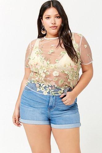 Forever21 Plus Size Sheer Floral Embroidered Top
