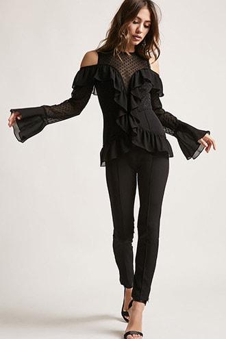 Forever21 Dark Pink Swiss-dot Open-shoulder Jumpsuit