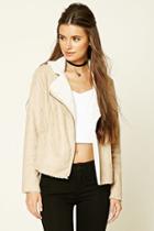 Forever21 Women's  Taupe & Cream Faux Suede Moto Jacket