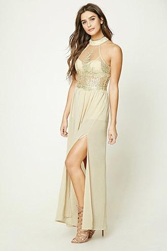 Forever21 Women's  Champagne Embroidered Mesh Maxi Dress