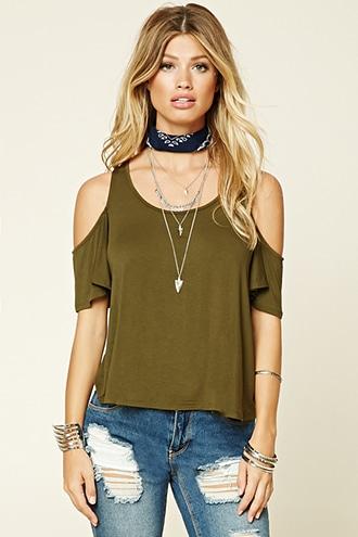 Love21 Women's  Olive Flowy Open-shoulder Top