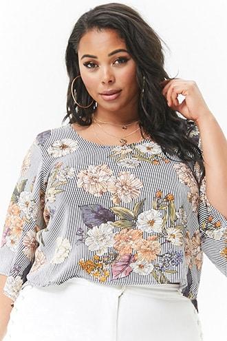 Forever21 Plus Size Crepe Striped Floral Split-back Top