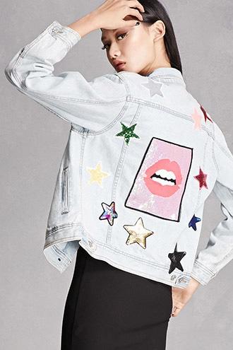 Forever21 Lip Embroidered Denim Jacket