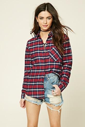 Forever21 Women's  Navy & Red Tartan Plaid Flannel Shirt