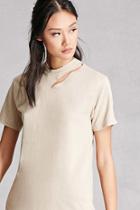 Forever21 Women's  Taupe Vintage Ripped Neck Solid Tee