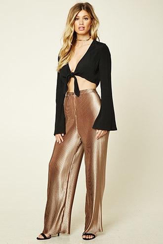 Forever21 Women's  Gold Metallic Accordion-pleat Pants