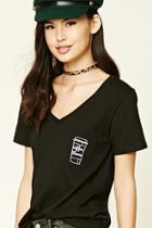 Forever21 Women's  Black & White Coffee Please V-neck Tee