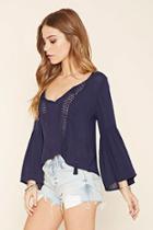 Forever21 Women's  Navy Crochet Self-tie Peasant Top