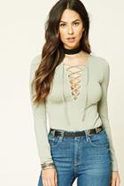 Forever21 Women's  Sage Long-sleeve Lace-up Top