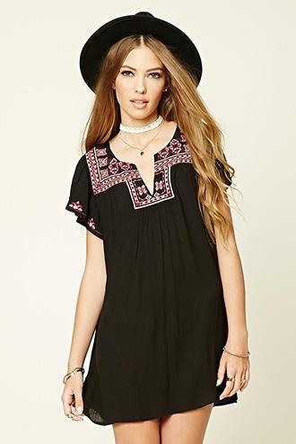 Forever21 Women's  Black & Pink Embroidered Peasant Dress
