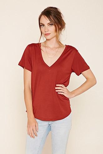 Love21 Women's  Rust Contemporary Slub Knit V-neck Tee