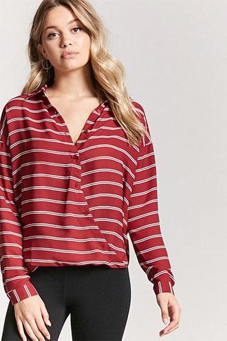 Forever21 Striped Surplice Hem Chiffon Shirt